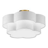Grand plafonnier affleuré Phlox de Dainolite avec abat-jour blanc, fini laiton vieilli et 3 ampoules