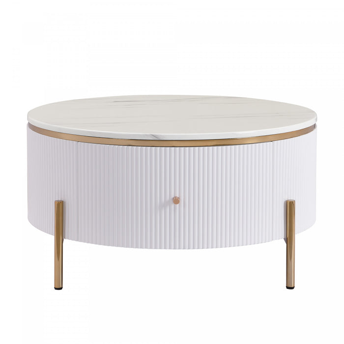 Table Basse Ronde Moderne Nelson De 31,5\" Avec 2 Tiroirs De Rangement, Blanche