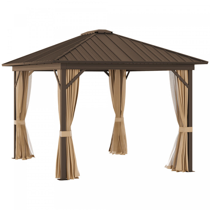 Outsunny 10' X 12' Tonnelle Exterieur A Toit Rigide Gazebo De Terrasse En Toit En Metal Avec Cadre En Aluminium, Filets En Maille, Rideaux, Et Espace Interieur Spacieux, Marron