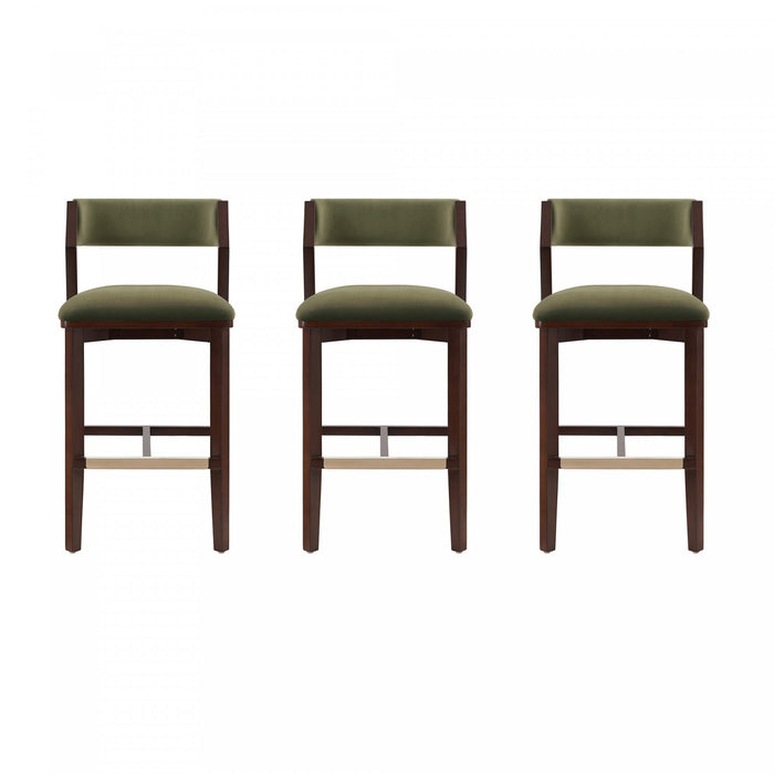 Tabouret de bar moderne en bois Patricia avec revetement en tissu vert tortue - Lot de 3