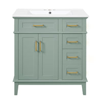 Savannah Meuble de salle de bain 30 pouces avec vasque en ceramique et armoire de rangement spacieux, Vert clair