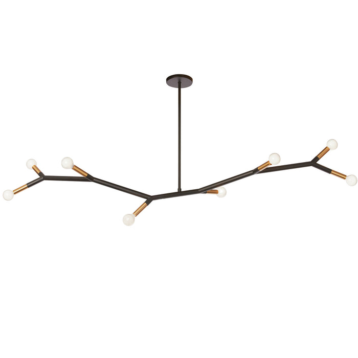 Luminaire suspendu horizontal Morgan de Dainolite avec fini noir mat et laiton vieilli et 8 ampoules