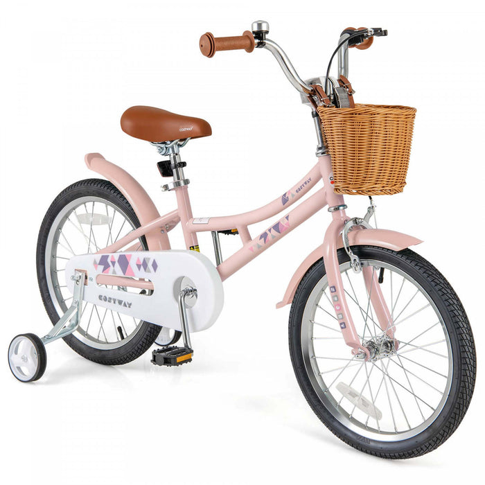 Costway 18\" Velo Enfants Avec Guidon Reglable En Hauteur Siege Panier Cloche Roues D'entrainement Rose
