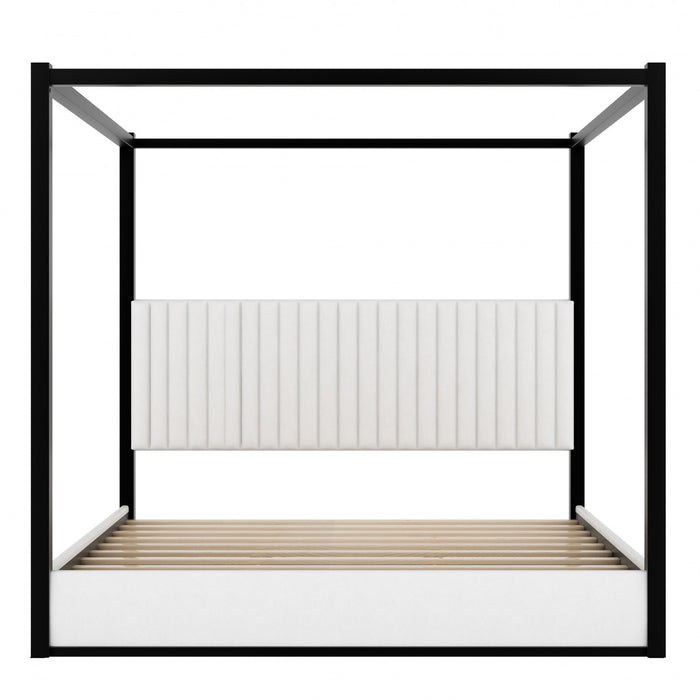 Lit plateforme Sophia a baldaquin avec tete de lit en mousse et velours, taille king, noir