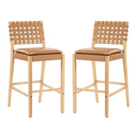 Philip – Lot de 2 tabourets de bar modernes en bois d’hevea avec dossier en tressage, finition naturelle