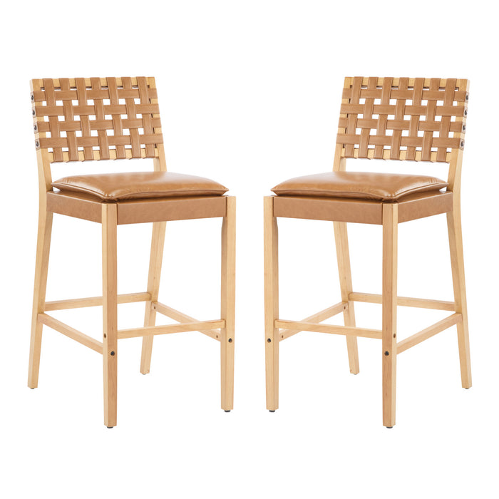 Philip – Lot de 2 tabourets de bar modernes en bois d’hevea avec dossier en tressage, finition naturelle