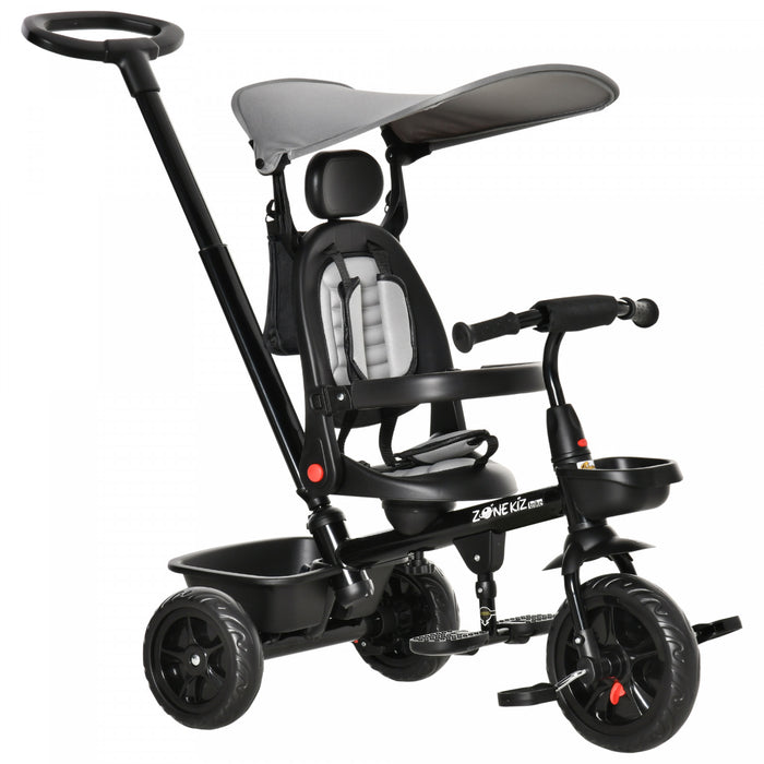 Qaba Tricycle Enfants Evolutif 4 En 1 Canne Telescopique Amovible Et Pare-soleil Pliable Demontable Angle Du Dossier Reglable Siege Pivotant Sac Et Paniers Integres Metal 44\" X 20.5\" X 38.5\" Gris