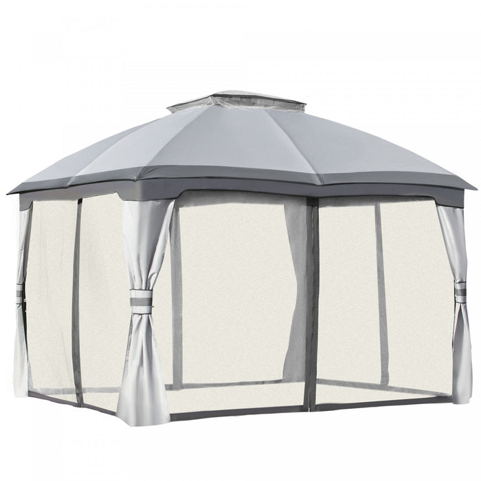 Outsunny 12 'x 10' Tente D'auvent De Tonnelle Exterieure A 2 Niveaux Pour Terrasse Avec Parois Laterales En Maille Zippee, Cadre En Acier Massif, Toit Arque, Gris