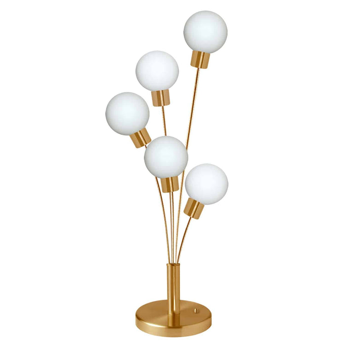 Lampe de table Budding Branch de Dainolite en verre blanc, avec fini laiton vieilli et 5 ampoules