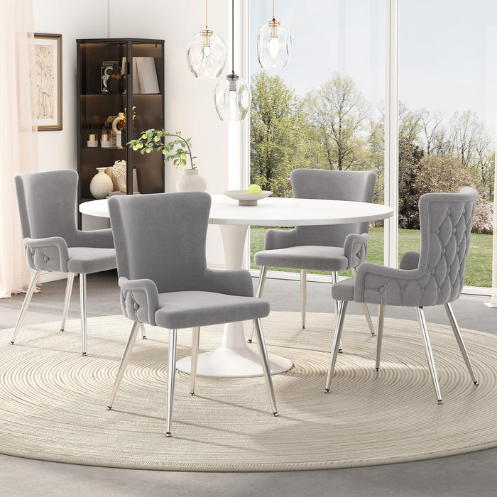 Chaises de salle a manger Luna en velours avec revetement capitonne et pieds metalliques dores, lot de 4, gris