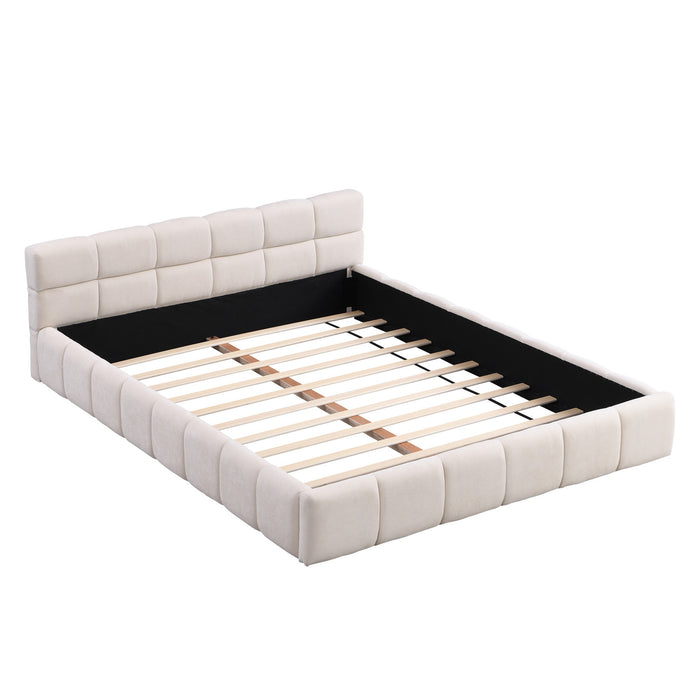 Eleanor Lit elegant avec revetement en chenille et design a damier, Taille Queen, Beige