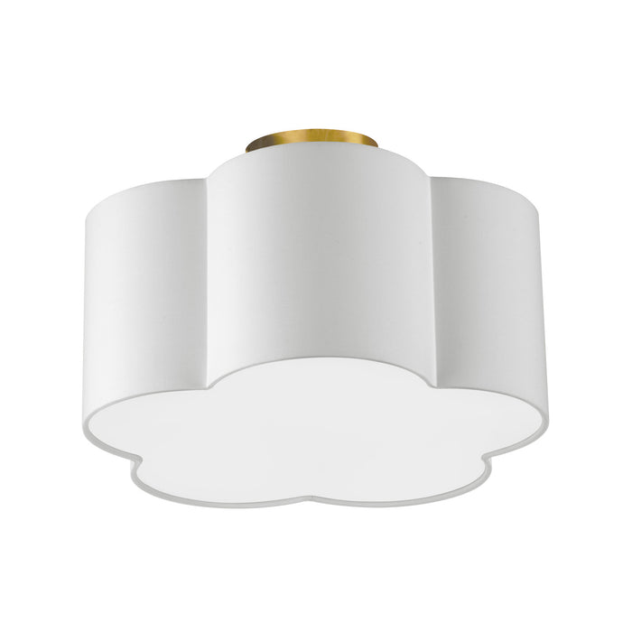 Petit plafonnier affleuré Phlox de Dainolite avec abat-jour blanc, fini laiton vieilli et 3 ampoules
