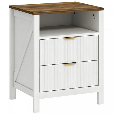 HOMCOM Nightstand Bedside Table with Shelf, 2 Drawers, White and Walnut