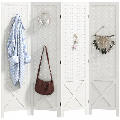 HOMCOM 56.9" 4 Panel Room Divider with Pegboard Display for Indoor White