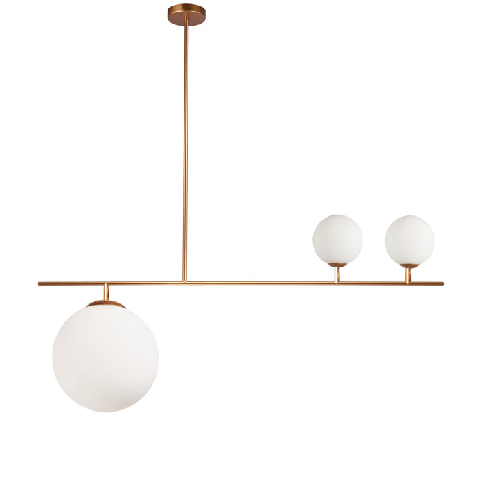 Luminaire suspendu Orion de Dainolite en verre blanc, avec fini doré et 3 ampoules