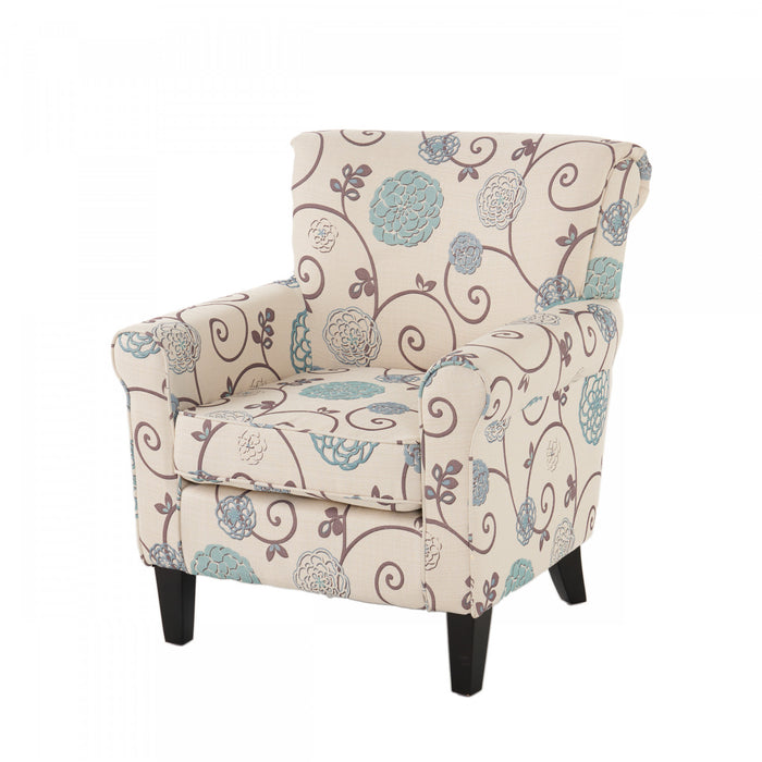 Fauteuil D’appoint Catherine En Tissu aspect lin Avec Pieds En Bois - Blanc Et Bleu