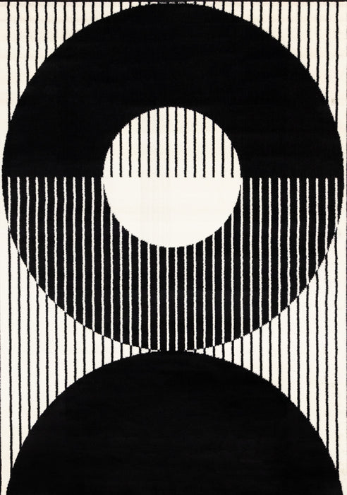 Florence rayures noires et blanches et cercles creux, design moderne, 2'7\" x 4'11\"