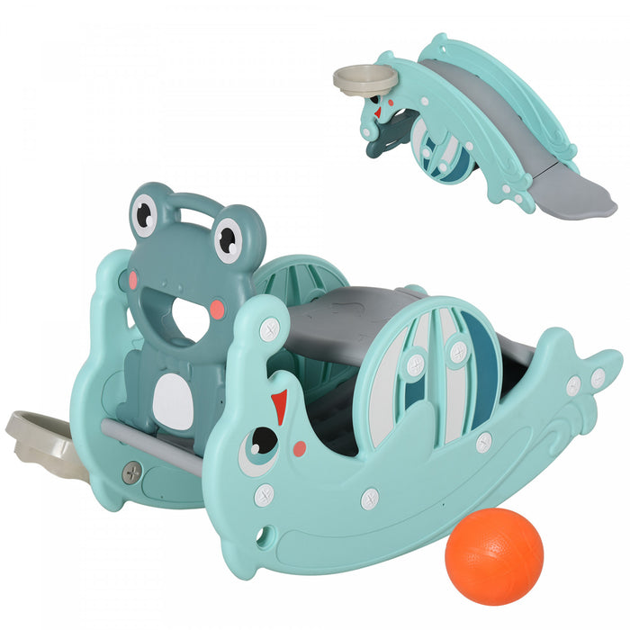Qaba 3-en-1 Toboggan Pour Enfants Et Cheval A Bascule A Double Usage Equipement D'activite Pour Enfants Toboggan Portable Pour Aire De Jeux Interieure Et Exterieure Jouet Avec Panier De Basket Vert