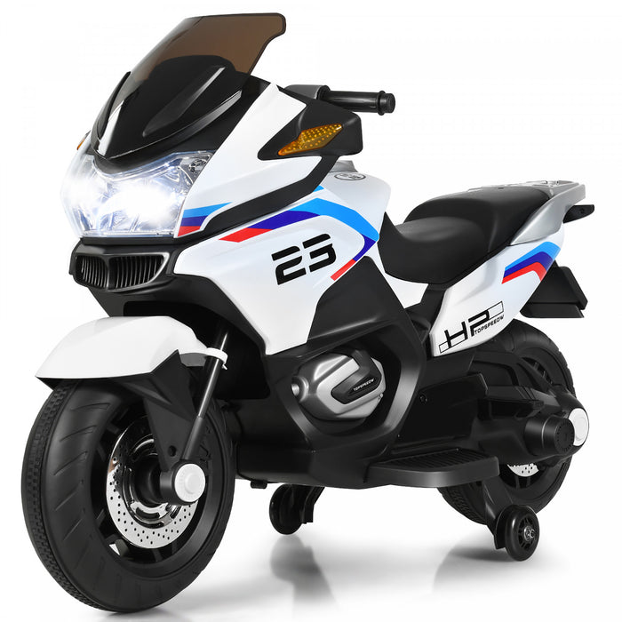Moto Electrique 12v Pour Enfants Avec Roues D'entrainement Et Eclairage, Blanc