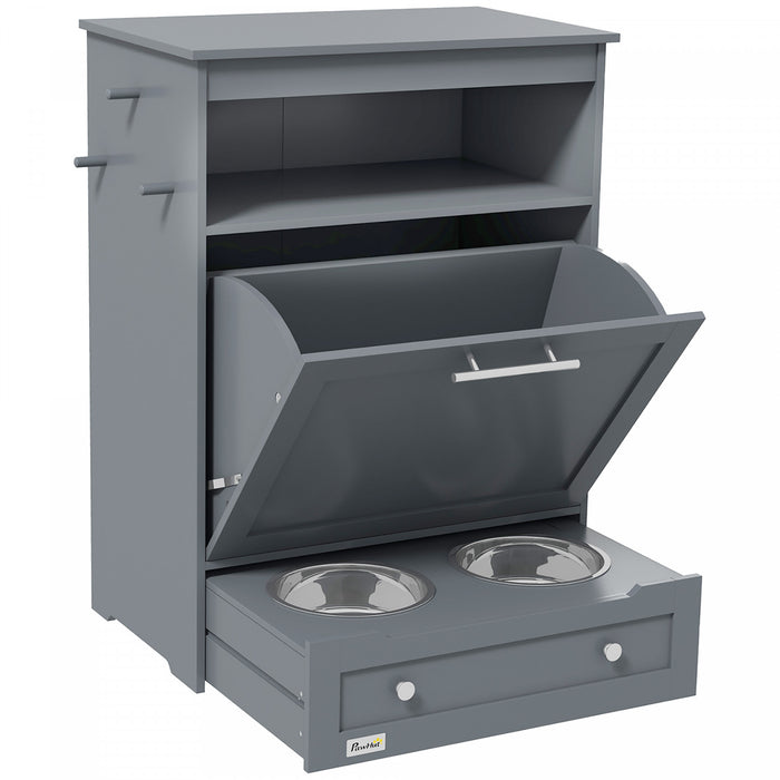 Pawhut Station D'alimentation Pour Animaux De Compagnie, Armoire De Stockage De Nourriture Pour Chiens Avec Gamelles Surelevees Et Cintre Pour Les Aliments Et L'abreuvement, Gris