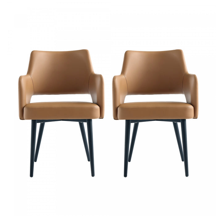 Fauteuil moderne Tremont en cuir vegetalien avec accoudoirs en metal, couleur Saddle - Lot de 2