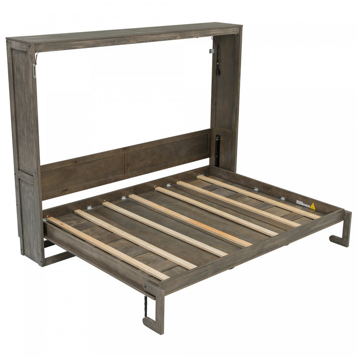 Lit escamotable Olivia en bois massif avec lumiere LED et armoire pliante, taille queen, marron