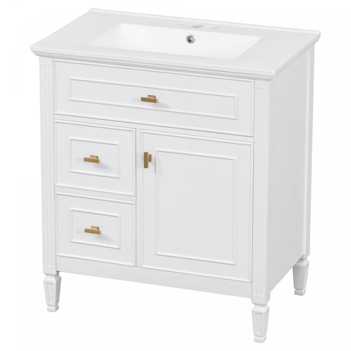 Olivia Meuble-lavabo de 30\" avec vasque en ceramique et bois caoutchouc massif, Blanc