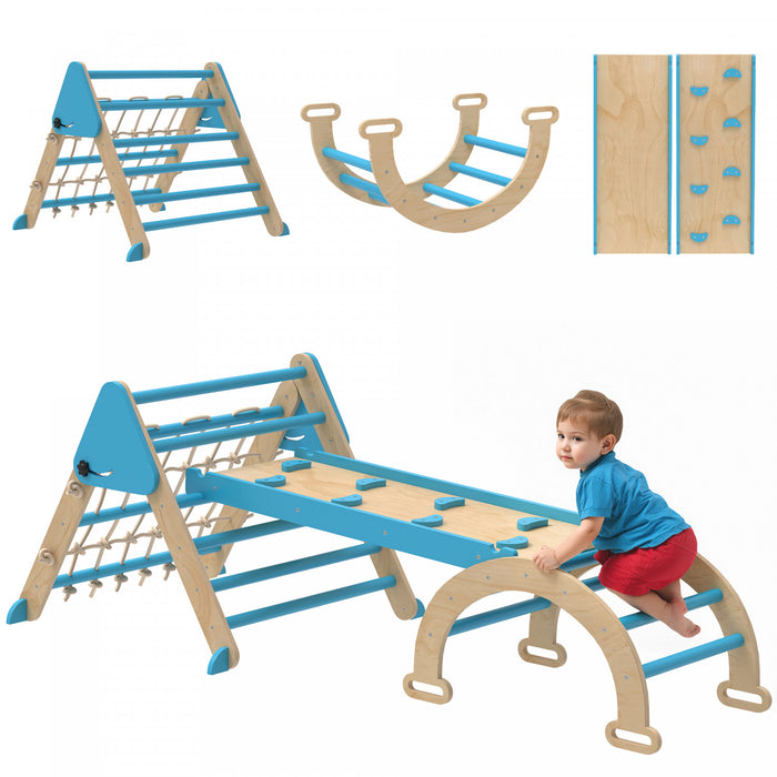 Qaba Ensemble triangle 5-en-1 Pikler, jouets d'escalade pliables en bois avec arche, rampe et echelle, gymnastique de jungle interieure Montessori pour les 18 a 48 mois, bleu
