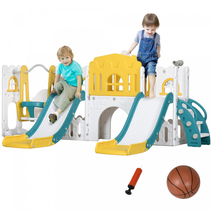 Qaba Ensemble toboggan et balancoire 8 en 1 avec panier de basket, grimpeur, balancoire pour bebe, aire de jeux interieure avec allee, volant, telescope, pour les 1 a 3 ans, jaune