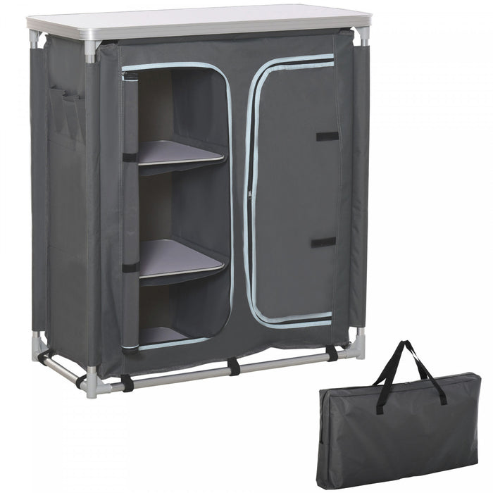 Table de camping en aluminium Outsunny, 3 etageres de rangement, gris