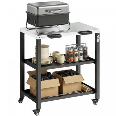 Outsunny Outdoor Grill Cart with Stainless Steel Tabletop, Rolling Prep Dining Cart with 2 Shelves, Lockable Wheels, Bottle Opener, Pizza Oven Stand Table for Kitchen Prep, Black