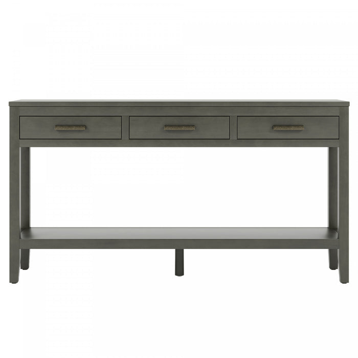 Table d'entree Emma 59,1'' de style ferme avec tiroirs et etagere ouverte, grise