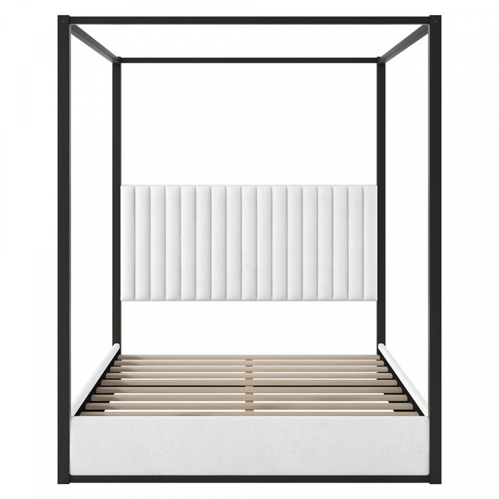 Lit plateforme Sophia a baldaquin avec tete de lit en mousse et velours, taille queen, noir