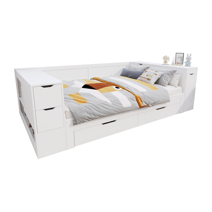 Banquette-lit Mason avec tete de lit de rangement et cadre de lit multifonctionnel avec rangement, taille full, blanc