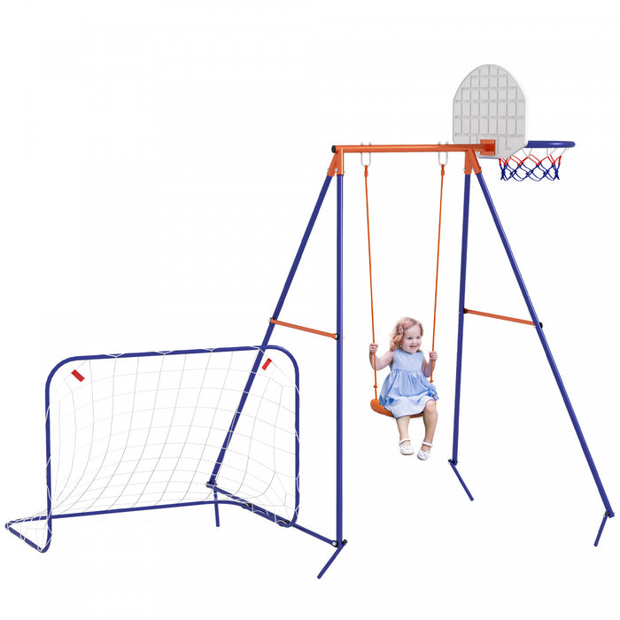 Outsunny Swing Set Pour Enfants Exterieur 3 En 1 Cadre D'oscillation En Metal Avec Siege D'oscillation, Cerceau De Basket-ball Et But De Football, Pieux Au Sol Pour 3-8 Ans