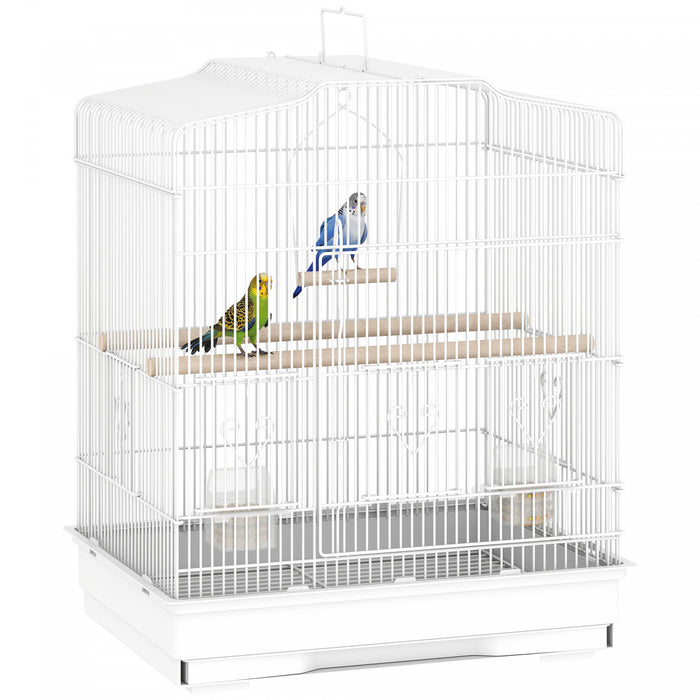 Cage a oiseaux PawHut 58 cm (H) pour pinsons, canaris, perruches et perroquets, avec poignee et accessoires, blanche.