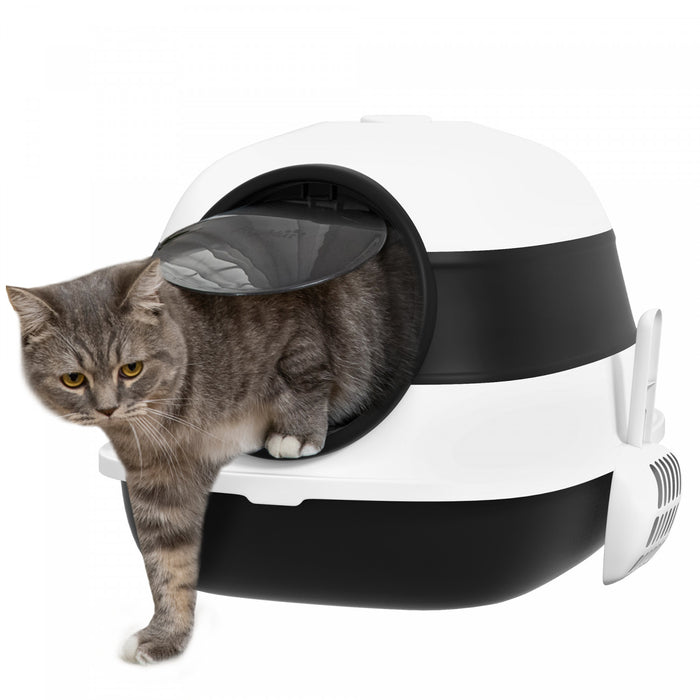 Pawhut Bac A Litiere Pour Chat Avec Couvercle, Avec Cotes Hauts, Assainisseur D'air, Grand Bac A Litiere Pour Chat A Entree Bidirectionnelle, Pliable, Facile A Nettoyer, Blanc Et Gris