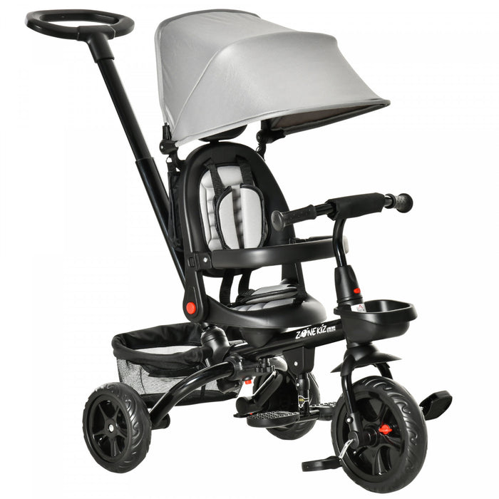 Qaba Tricycle Enfants Evolutif 4 En 1 Canne Telescopique Amovible Et Pare-soleil Pliable Demontable Angle Du Dossier Reglable Siege Pivotant Sac Et Paniers Integres Metal 44\" X 20.5\" X 38.5\" Gris