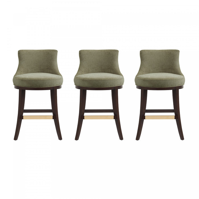 Tabouret de comptoir moderne Lucia en bois et chenille, vert feuille - Lot de 3