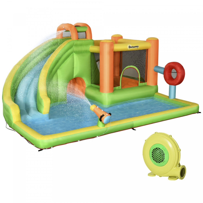 Outsunny Chateau Gonflable Pour Enfants 7 En 1 Comprenant Un Toboggan, Un Trampoline, Une Piscine, Un Pistolet A Eau, Une Cible De Balle, Un Poteau De Boxe, Un Tunnel Avec Sac De Transport
