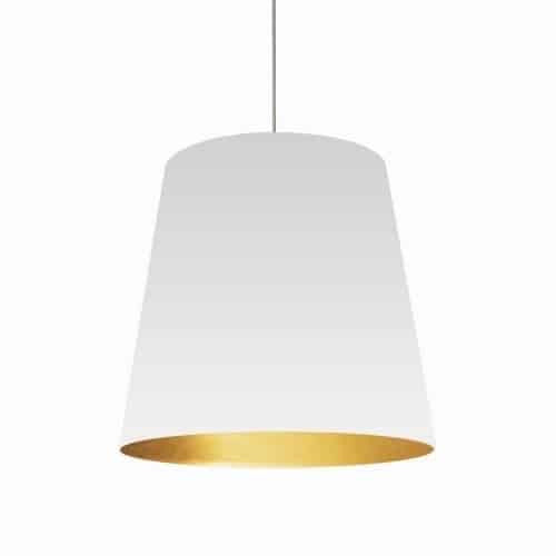 Grand luminaire suspendu de Dainolite avec très grand abat-jour cylindrique blanc et doré, et 1 ampoule