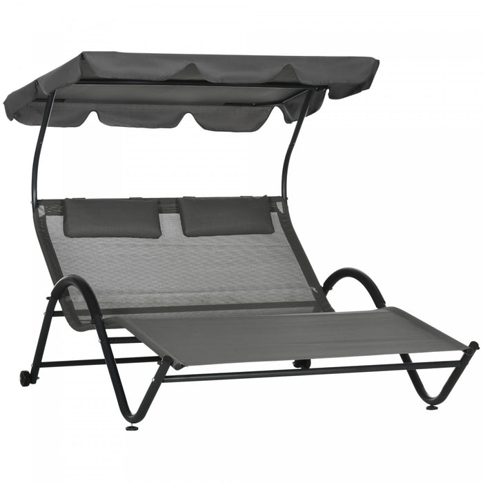 Outsunny Transat Avec Toit Parasol Chaise Longue, Gris Fonce