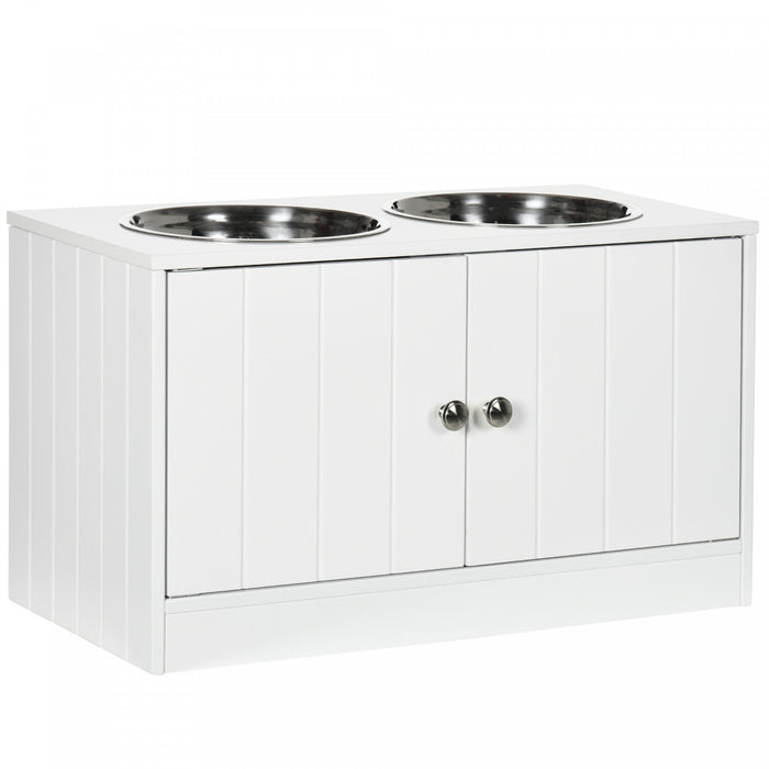 Pawhut Bol De Chien Sureleve Pour Gros Chien Station D'alimentation Pour Animaux De Compagnie Avec Support, Rangement, 2 Bols D'aliments Et D'eau En Acier Inoxydable, Blanc, 23.5\" X 12\" X 14\"