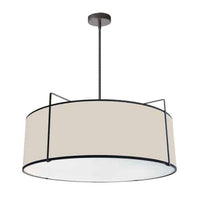 Luminaire suspendu Trapezoid de Dainolite avec abat-jour cylindrique noir et crème qui diffuse la lumière, tissu blanc et 4 ampoules
