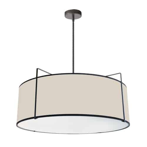Luminaire suspendu Trapezoid de Dainolite avec abat-jour cylindrique noir et crème qui diffuse la lumière, tissu blanc et 4 ampoules
