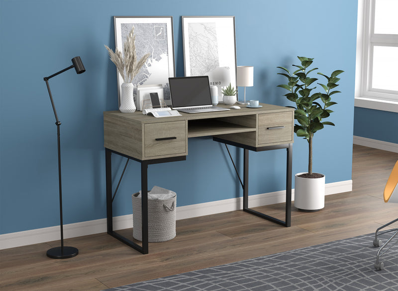 Bureau d’ordinateur de 43 po avec 2 tiroirs et 1 tablette - taupe foncé avec base en métal noir