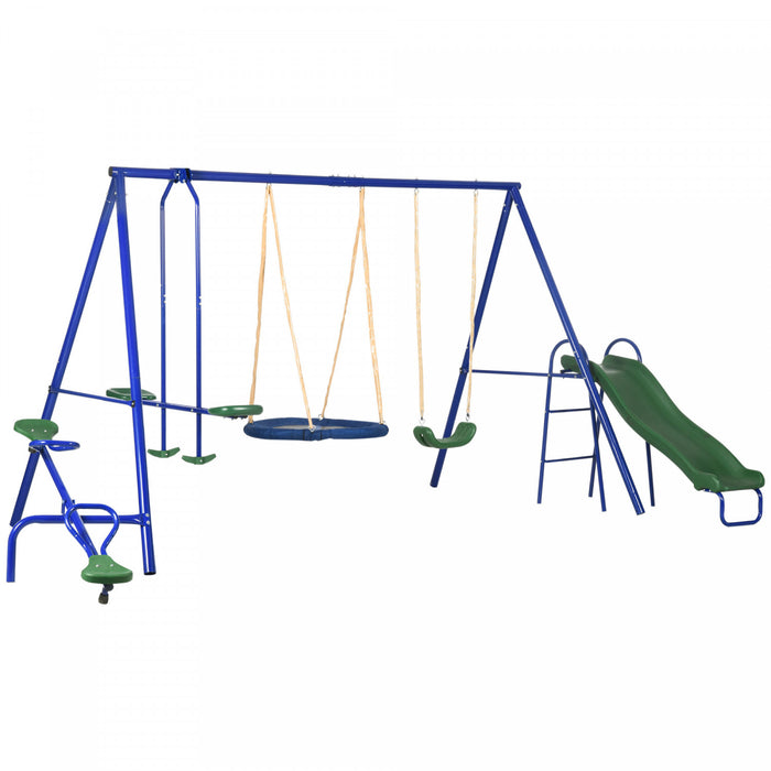 Outsunny Balancoire 5 en 1 pour enfants, balancoire en metal robuste avec cadre en A, ensemble de jeu exterieur avec balancoire soucoupe, toboggan, balancoire, planeur
