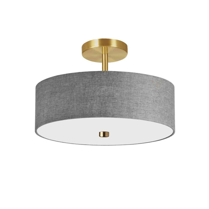 Plafonnier semi-affleuré Everly de Dainolite avec abat-jour gris, fini laiton vieilli et 3 ampoules