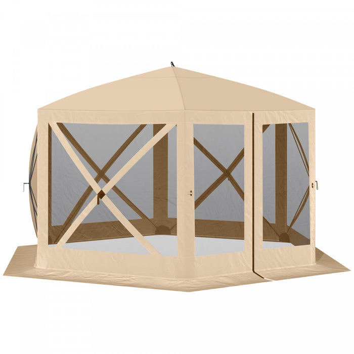 Outsunny 12' X 12' Tente Automatiquehe Xagonale A Ecran Escamotable, Abri De Camping, Auvent De Pique-nique, Pare-soleil Exterieur Avec Parois Laterales En Maille Et Sac De Transport