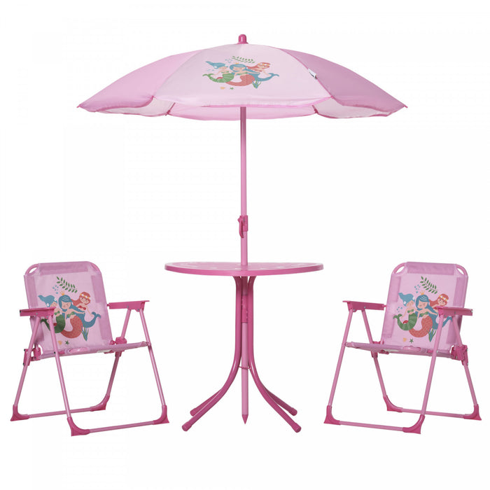 Outsunny Ensemble Table Et Chaises De Jardin Pour Enfants, Meubles De Jardin Pliants D'exterieur, Pour Terrasse, Arriere-cour, Avec Motif Sirene, Parasol Amovible Et Reglable En Hauteur